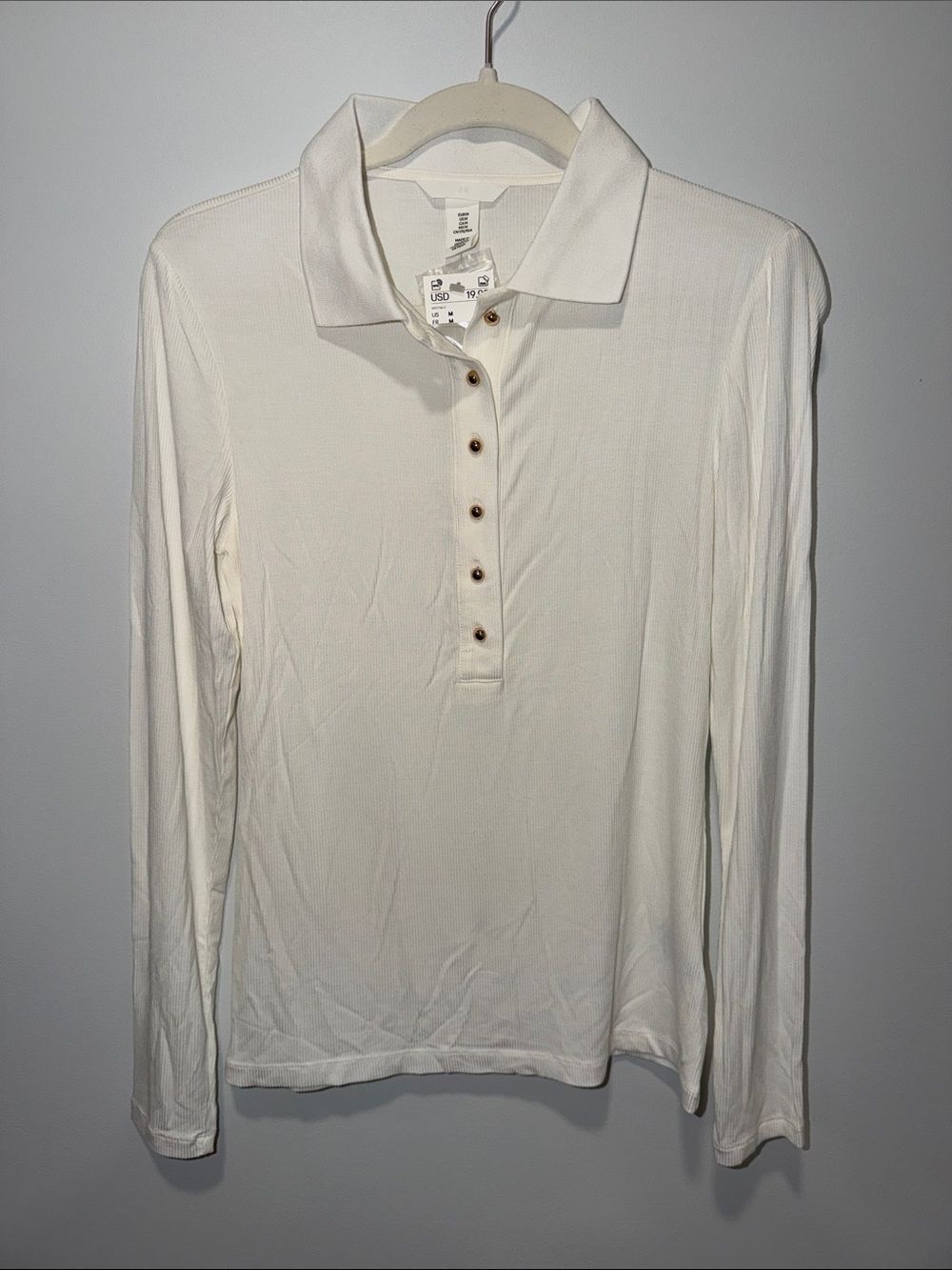 H&M M White Fitted Collared Long Sleeve Knti Ribbed Gold Tone Button Polo Shirt